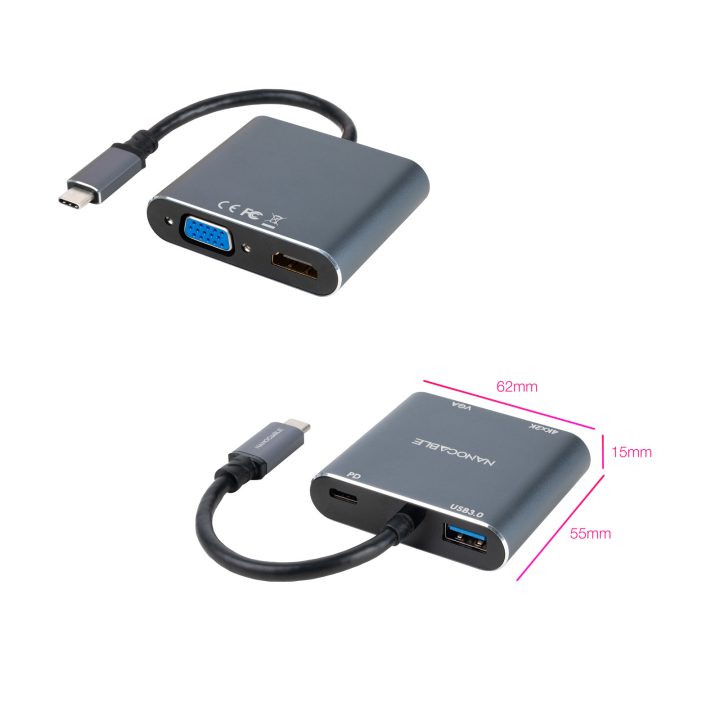 Nanocabo Conversor USB-C para HDMI/VGA/USB3.0/PD 15 cm, Cinzento