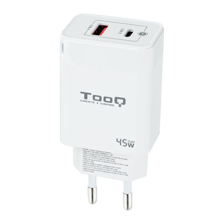 TooQ Carregador de Parede GaN USB-C/PD + USB-A/QC 45W, Branco