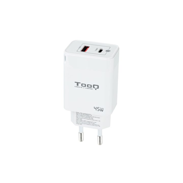 TooQ GaN Wall Charger USB-C/PD + USB-A/QC 45W, White
