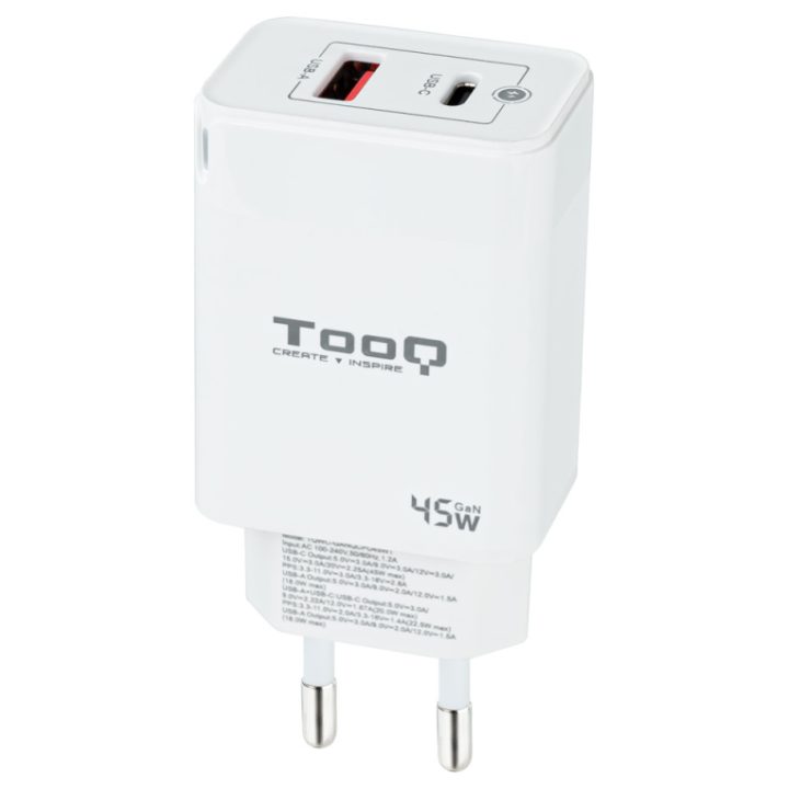 TooQ Carregador de Parede GaN USB-C/PD + USB-A/QC 45W, Branco
