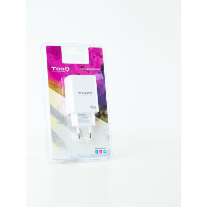 TooQ Carregador de Parede GaN USB-C/PD + USB-A/QC 45W, Branco