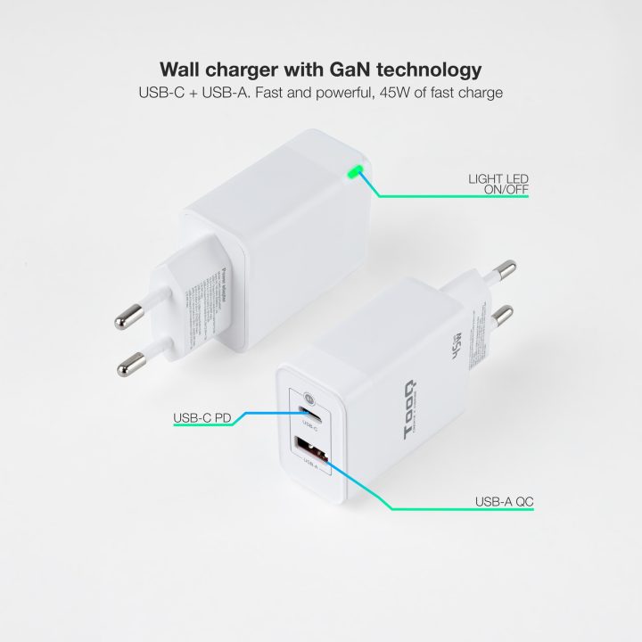TooQ GaN Wall Charger USB-C/PD + USB-A/QC 45W, White