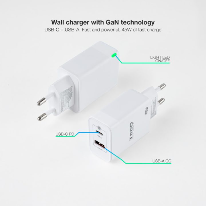 TooQ GaN Wall Charger USB-C/PD + USB-A/QC 45W, White
