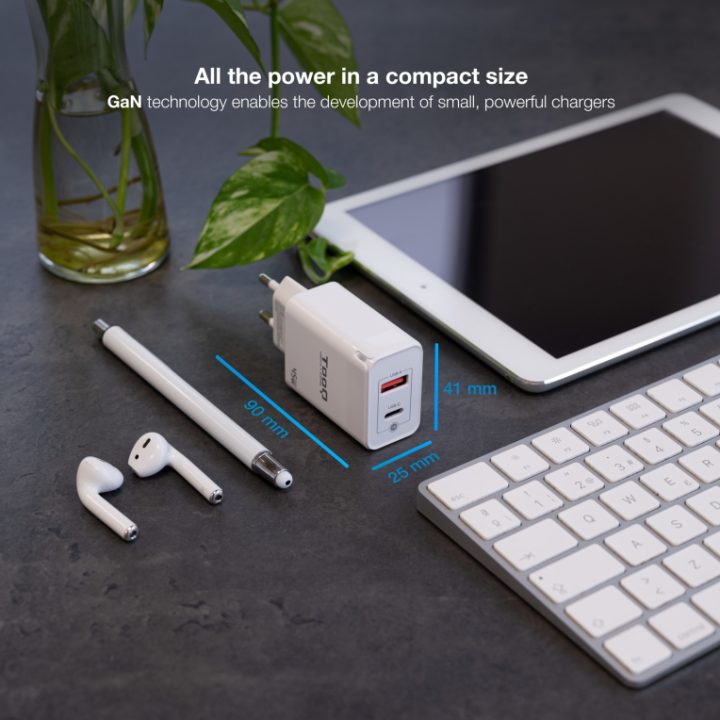 TooQ Carregador de Parede GaN USB-C/PD + USB-A/QC 45W, Branco
