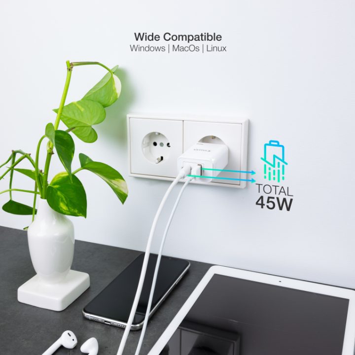 TooQ GaN Wall Charger USB-C/PD + USB-A/QC 45W, White