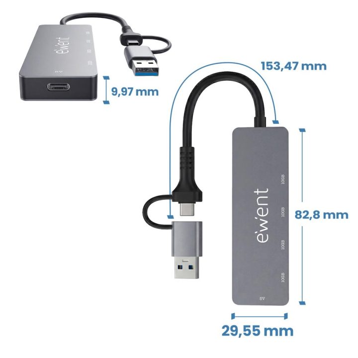 Ewent EW1151 hub de interface USB Tipo C 10000 Mbit/s Cinzento