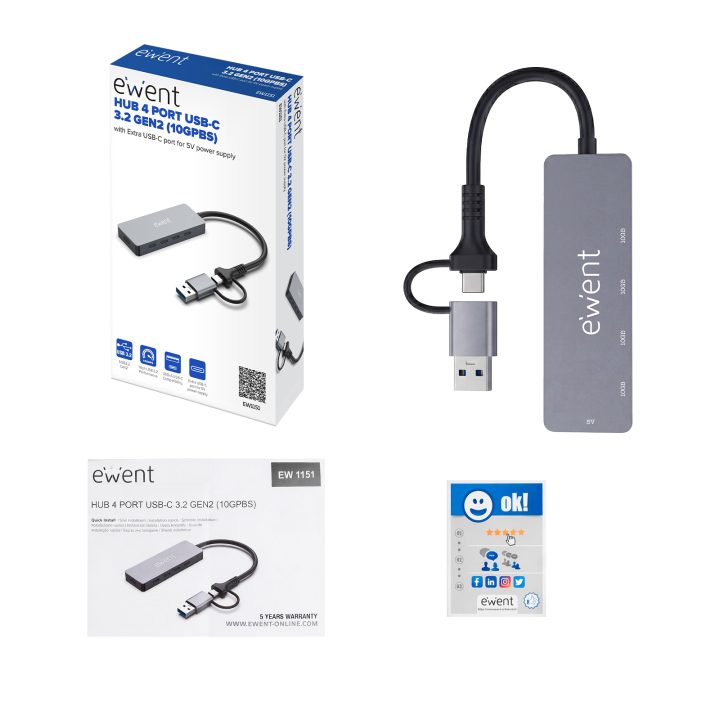 Ewent EW1151 hub de interface USB Tipo C 10000 Mbit/s Cinzento