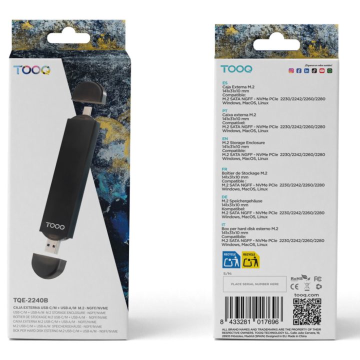 TooQ Caixa Externa USB-C/M + USB-A/M para SSD M.2 NGFF/NVMe, Preta