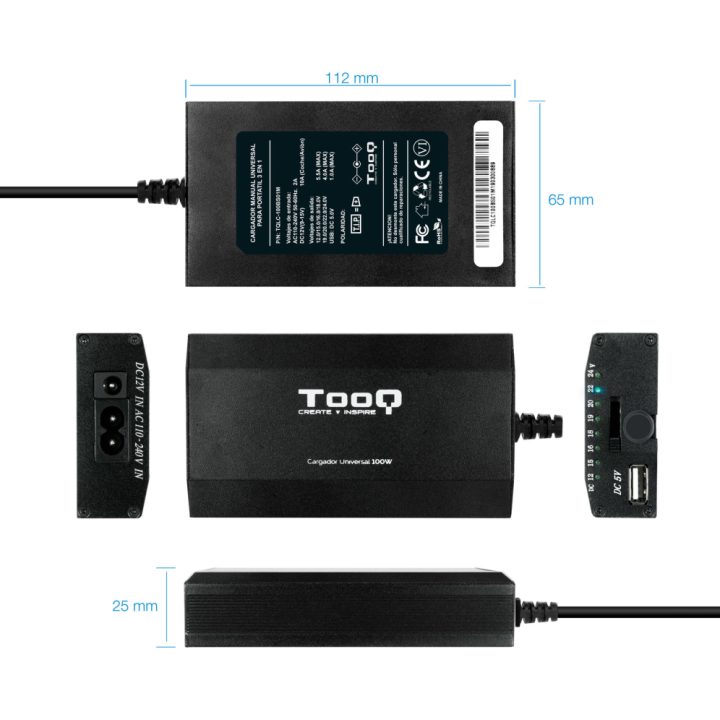 TooQ CARREGADOR UNIVERSAL PORTÁTIL TQLC-100BS01M 100W 3 EM 1 USB