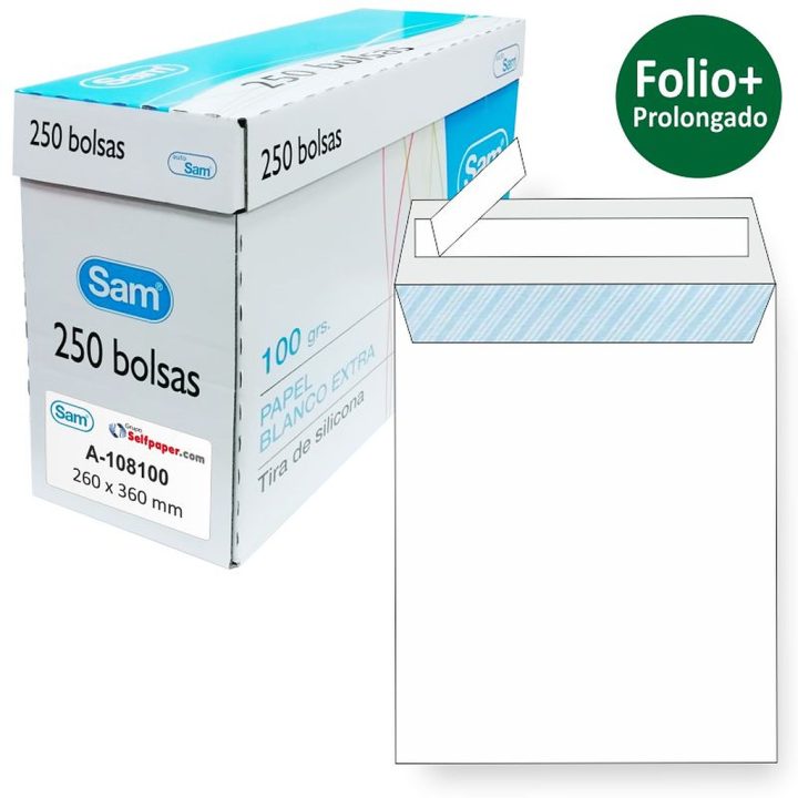 Caja 250 bolsas folio prolongado (260X360) offset blanco 100 grs…