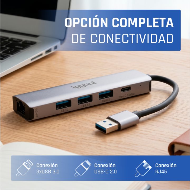 iggual USB-A Hub 5 Ports 3xUSB + RJ45 + Type-C