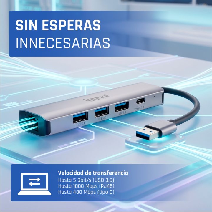 iggual Hub USB-A 5 puertos 3xUSB + RJ45 + tipo C