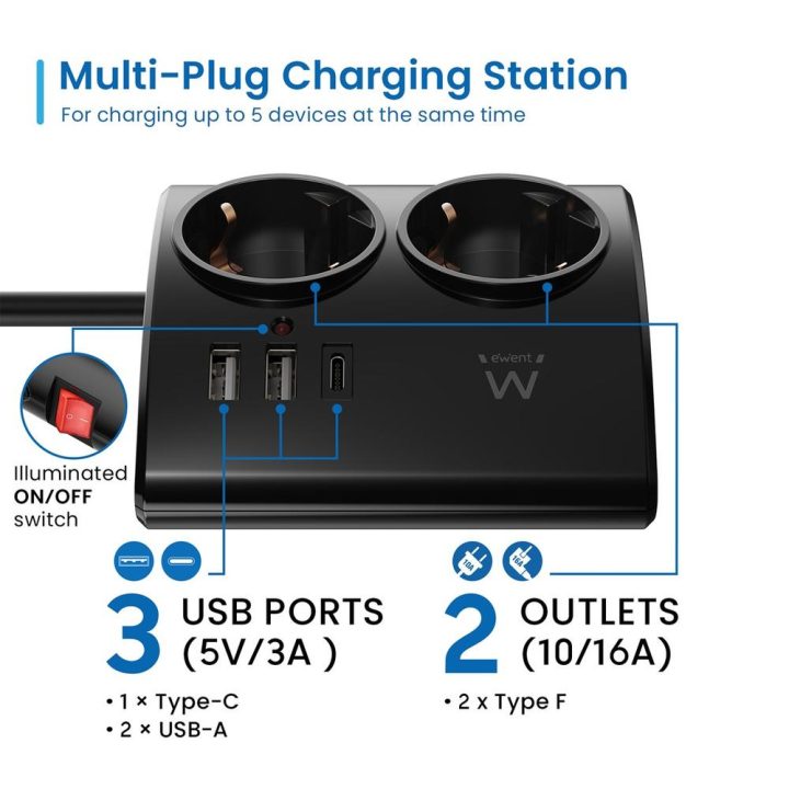 Ewent EW3871 Power Strip 1.5 m 3 AC Outlets Indoor Black