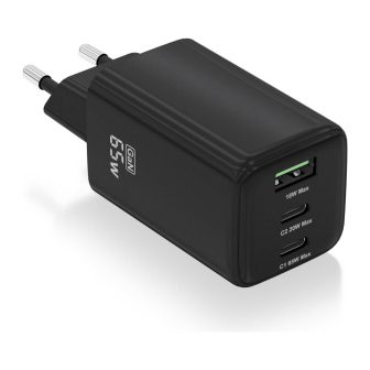 AISENS GaN 65W Charger, 2xUSB-C PD3.0 QC4.0, 1xUSB-A QC3.0, Black