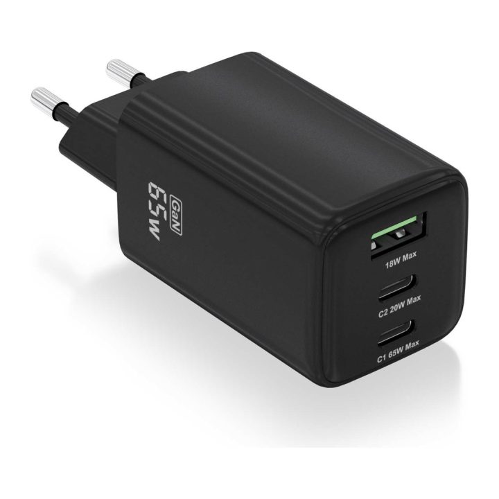 AISENS Cargador Gan 65W, 2xUSB-C PD3.0 QC4.0, 1xUSB-A QC3.0, Negro