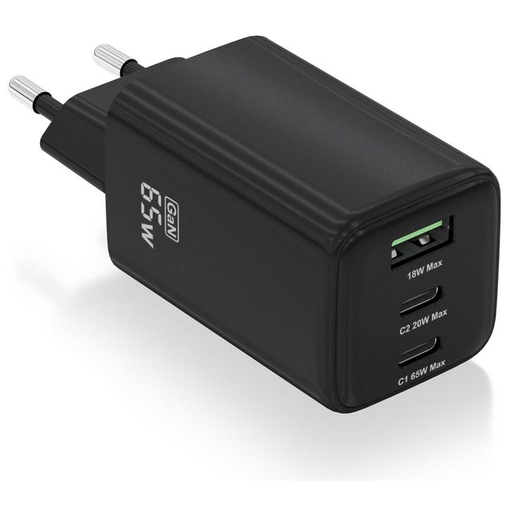 AISENS Cargador Gan 65W, 2xUSB-C PD3.0 QC4.0, 1xUSB-A QC3.0, Negro