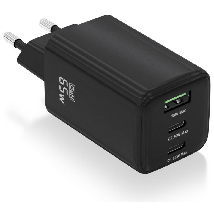 AISENS GaN 65W Charger, 2xUSB-C PD3.0 QC4.0, 1xUSB-A QC3.0, Black