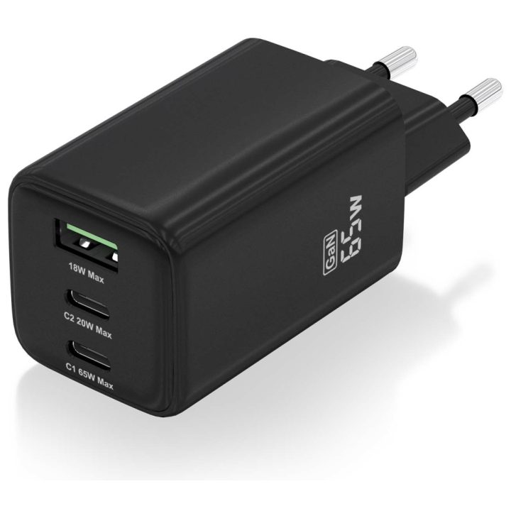 AISENS Carregador Gan 65W, 2xUSB-C PD3.0 QC4.0, 1xUSB-A QC3.0, Preto