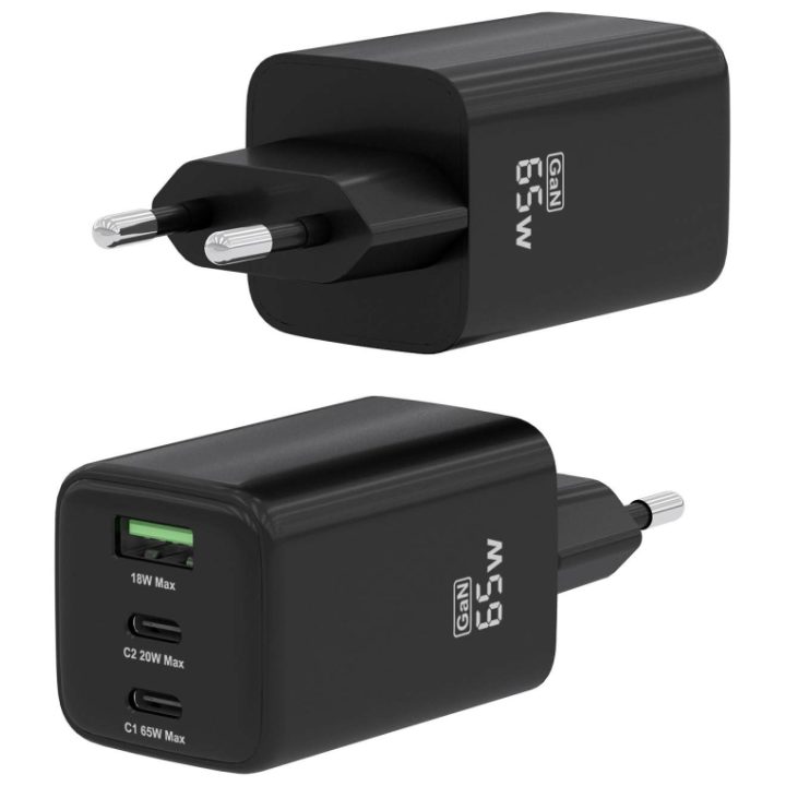 AISENS Carregador Gan 65W, 2xUSB-C PD3.0 QC4.0, 1xUSB-A QC3.0, Preto