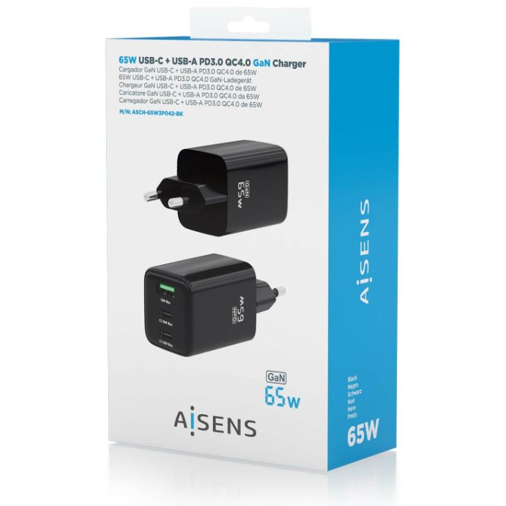 AISENS Cargador Gan 65W, 2xUSB-C PD3.0 QC4.0, 1xUSB-A QC3.0, Negro