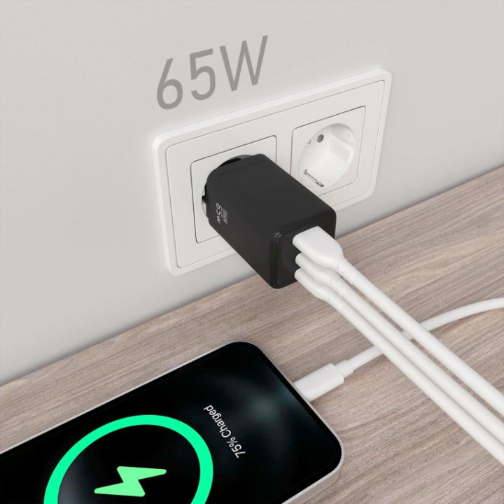 AISENS GaN 65W Charger, 2xUSB-C PD3.0 QC4.0, 1xUSB-A QC3.0, Black