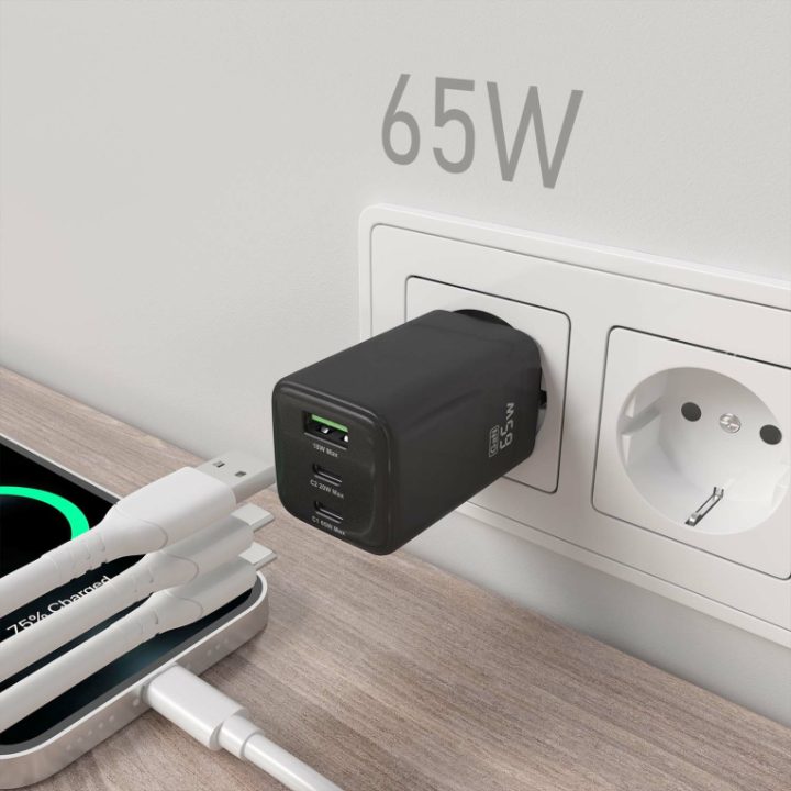 AISENS GaN 65W Charger, 2xUSB-C PD3.0 QC4.0, 1xUSB-A QC3.0, Black