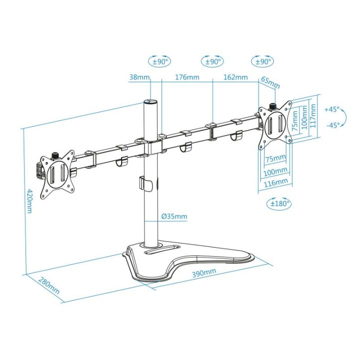 TooQ Suporte de Mesa, Rotativo e Inclinável, para 2 Ecrãs de 17”-32”
