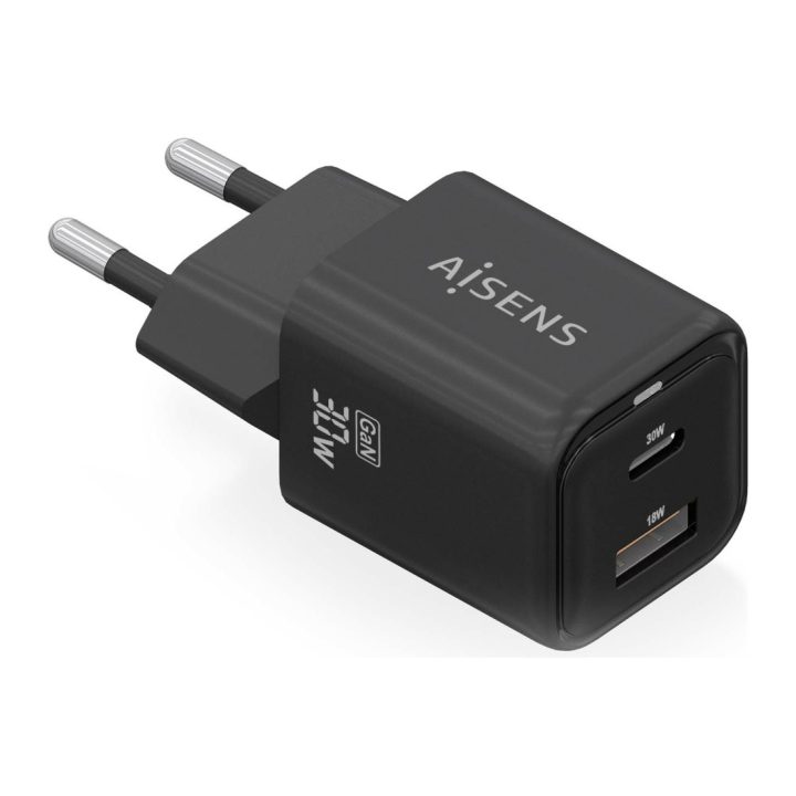 AISENS Cargador Gan 30W, 1xUSB-C PD3.0 QC4.0, 1xUSB-A QC3.0, Negro