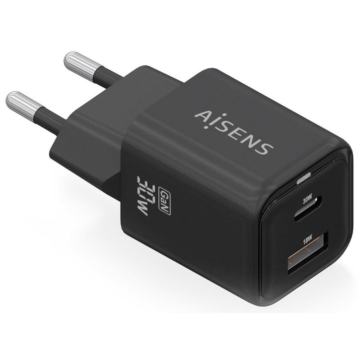 AISENS Cargador Gan 30W, 1xUSB-C PD3.0 QC4.0, 1xUSB-A QC3.0, Negro