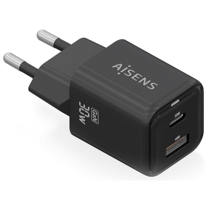 AISENS Carregador Gan 30W, 1xUSB-C PD3.0 QC4.0, 1xUSB-A QC3.0, Preto