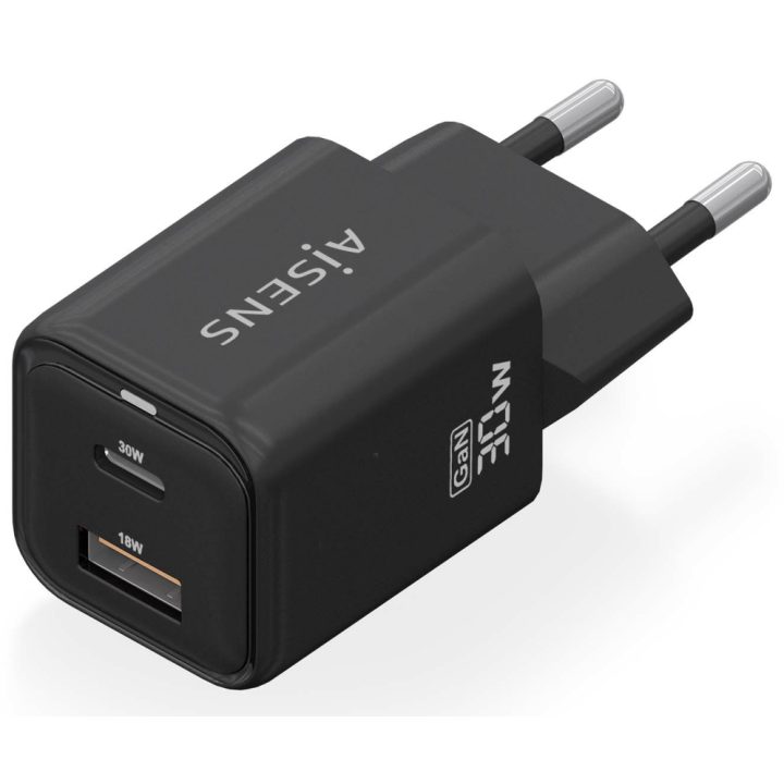 AISENS Carregador Gan 30W, 1xUSB-C PD3.0 QC4.0, 1xUSB-A QC3.0, Preto
