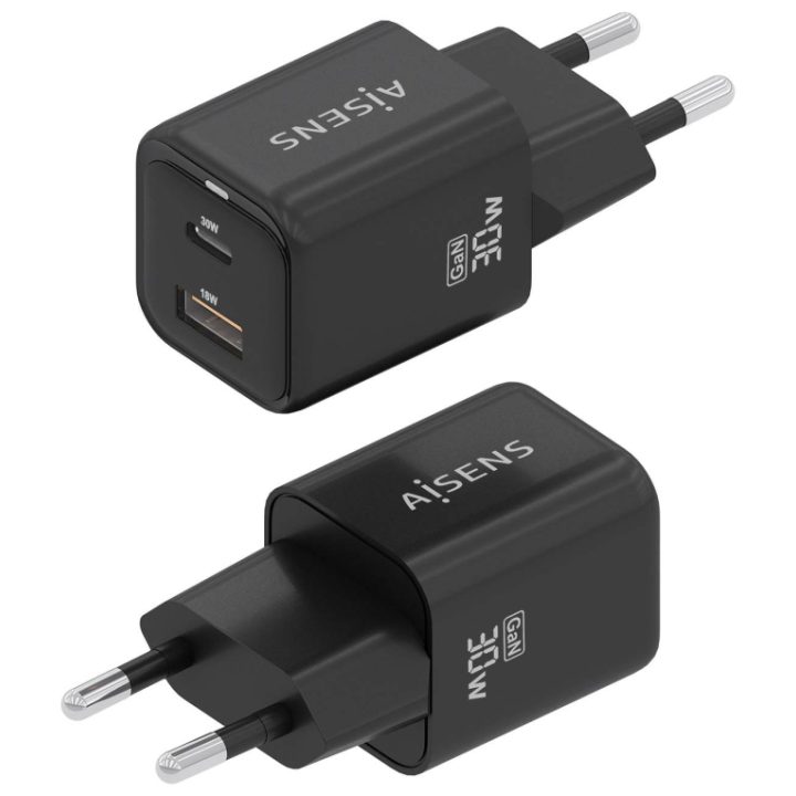AISENS Cargador Gan 30W, 1xUSB-C PD3.0 QC4.0, 1xUSB-A QC3.0, Negro