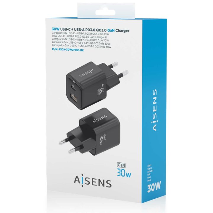 AISENS Carregador Gan 30W, 1xUSB-C PD3.0 QC4.0, 1xUSB-A QC3.0, Preto