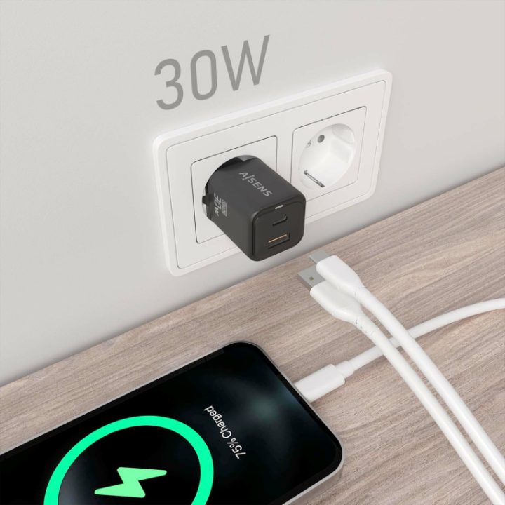 AISENS GaN 30W Charger, 1xUSB-C PD3.0 QC4.0, 1xUSB-A QC3.0, Black