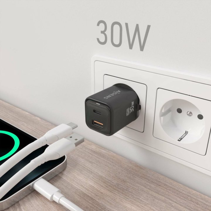 AISENS GaN 30W Charger, 1xUSB-C PD3.0 QC4.0, 1xUSB-A QC3.0, Black