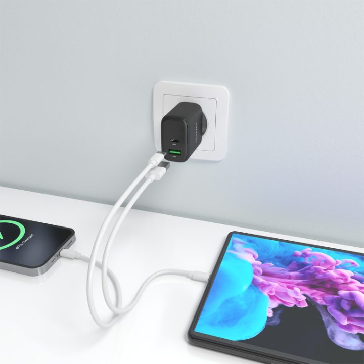 AISENS Carregador GaN 45W, 1xUSB-C PD3.0 QC4.0, 1xUSB-A QC3.0, Preto