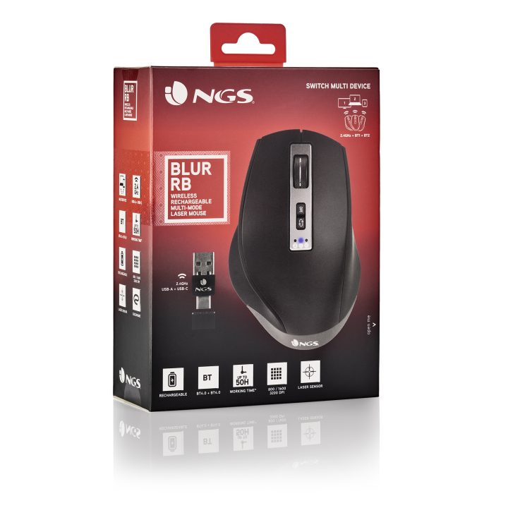NGS BLUR-RB Right-Handed Gaming Mouse Bluetooth + USB Type-A 3200 DPI