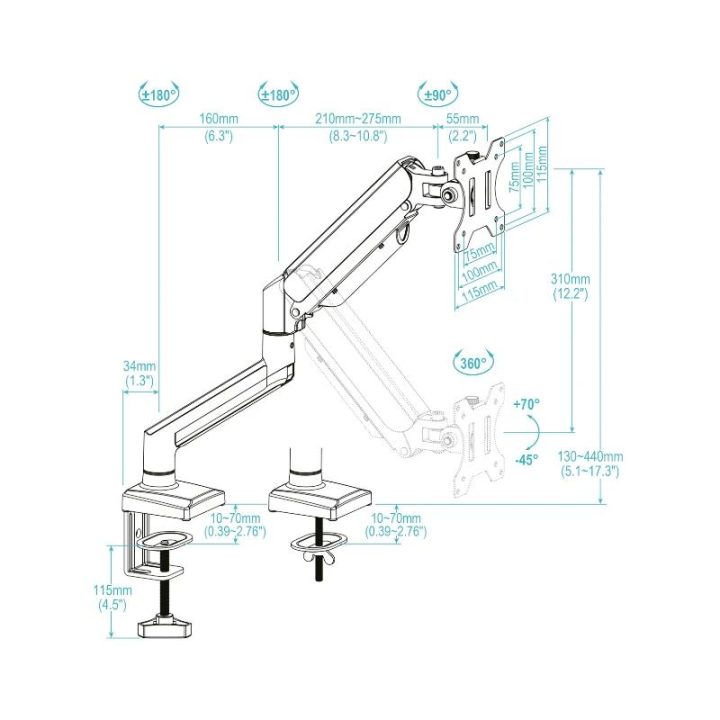 TooQ DB1334TNR-W 34" Desktop Monitor Stand White