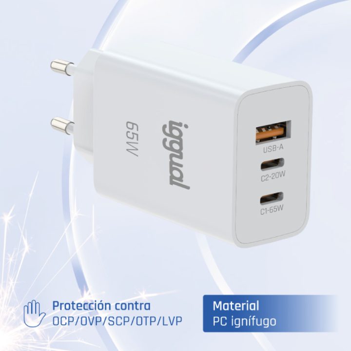 iggual Carregador triplo USB-A + 2 x tipo C GaN 65W