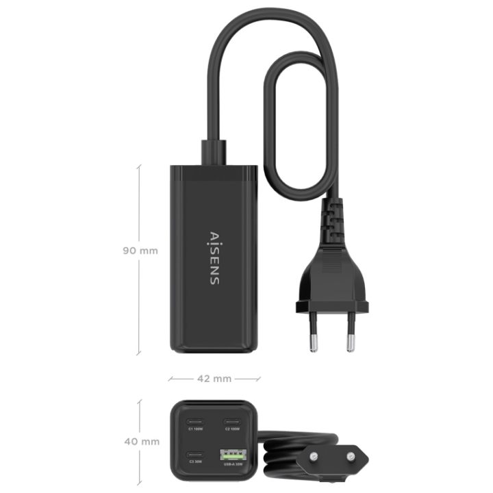 AISENS Carregador de Mesa GaN 100W, 3x USB-C PD3.0 QC4.0 QC5.0, 1x…