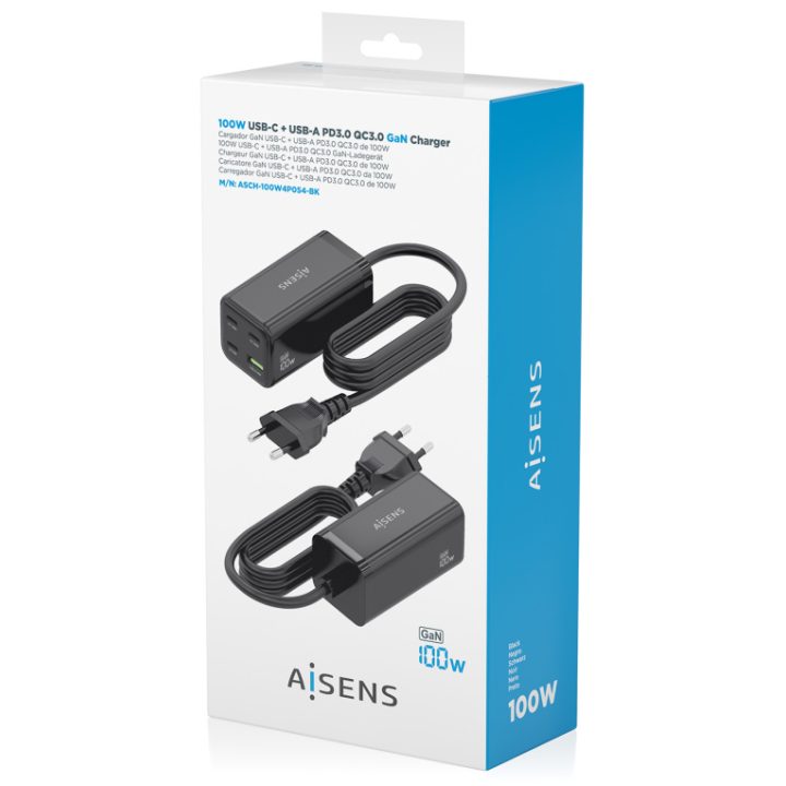 AISENS Carregador de Mesa GaN 100W, 3x USB-C PD3.0 QC4.0 QC5.0, 1x…