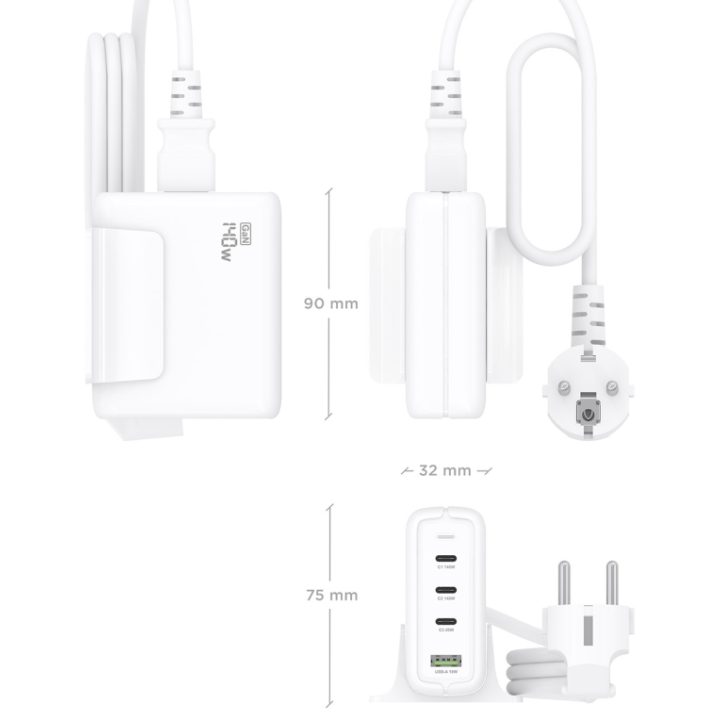 AISENS Cargador Sobremesa GaN 140W, 3x USB-C PD3.1 QC4.0 QC5.0, 1x…