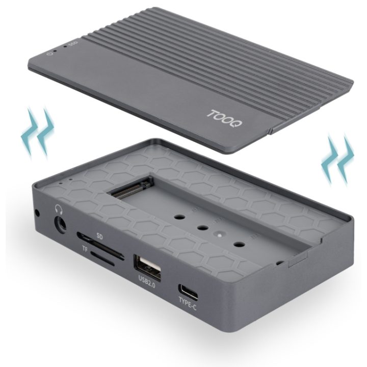 TooQ Caja externa para SSD M.2 NVMe/SATA + HUB USB-C 3.2 Gen2 con 2x…
