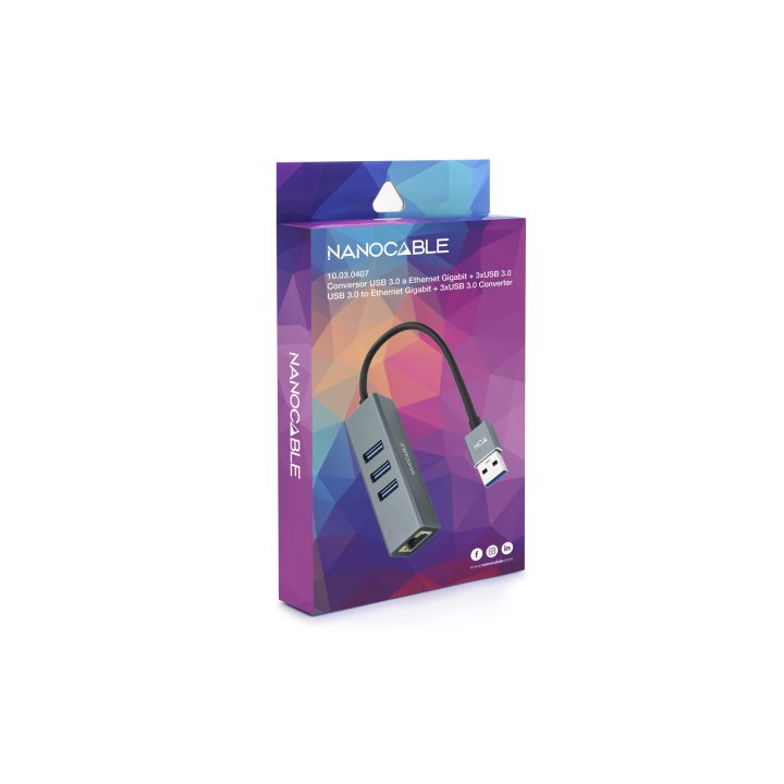 Nanocabo Conversor USB 3.0 para Ethernet Gigabit + 3XUSB 3.0…