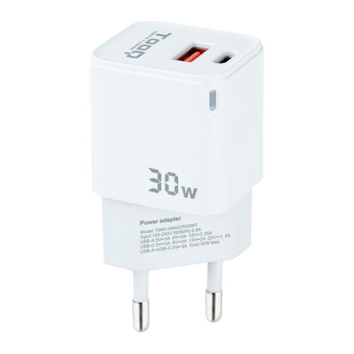 TooQ Cargador de Pared GaN USB-C/PD + USB-A/QC 30W, Blanco