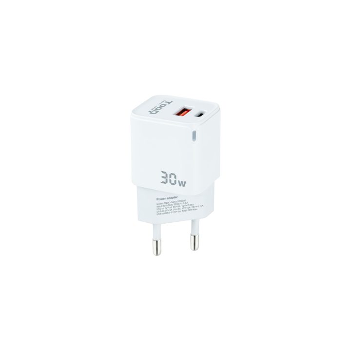 TooQ GaN Wall Charger USB-C/PD + USB-A/QC 30W, White