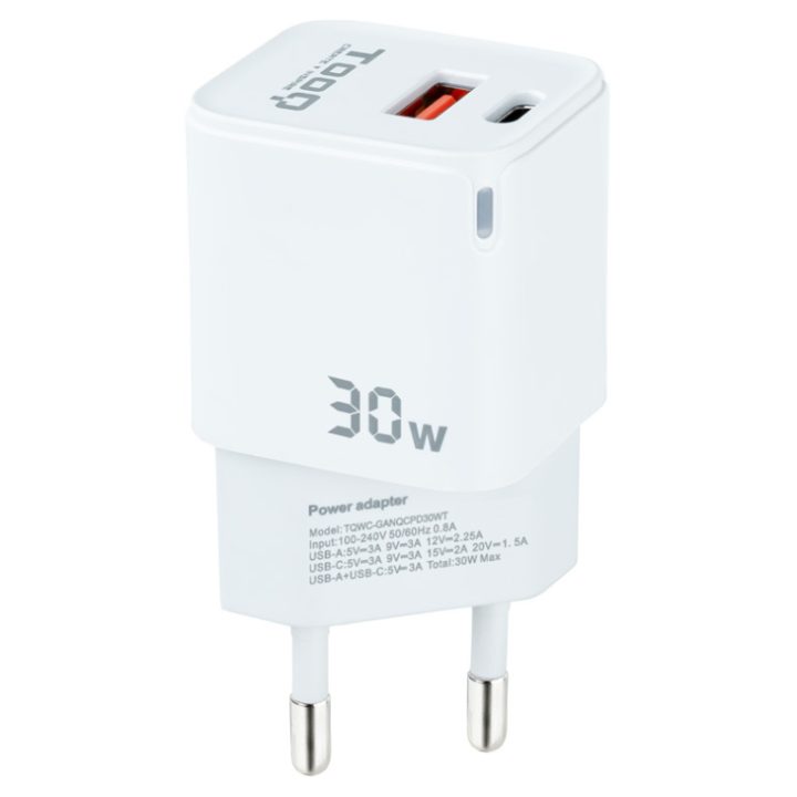TooQ Carregador de Parede GaN USB-C/PD + USB-A/QC 30W, Branco