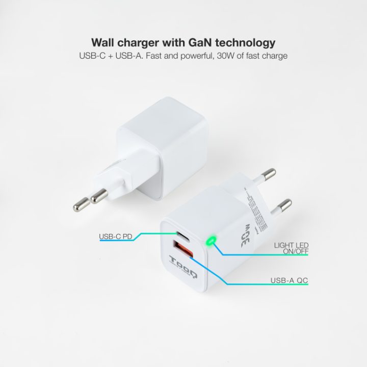 TooQ Carregador de Parede GaN USB-C/PD + USB-A/QC 30W, Branco