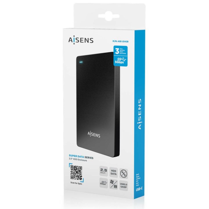 AISENS Caixa Externa 2,5″ 9.5mm SATA para USB-C USB3.1 Gen1, Preta