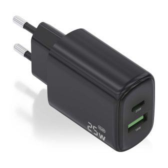 AISENS Carregador GaN 25W, 1xUSB-C PD3.0, 1xUSB-A QC3.0, Preto